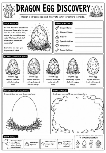 Creative Art Cover Worksheet – Dragon Egg Discovery | KS3 Art Cover Lesson | Drawing Activity | Emer