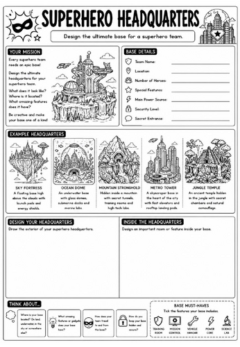 Creative Art Cover Worksheet – Superhero Headquarters | KS3 Art Cover Lesson | Drawing Activity | Em