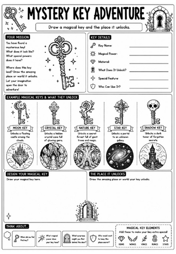 Creative Art Cover Worksheet – Mystery Key Adventure | KS3 Art Cover Lesson | Drawing Activity | Eme