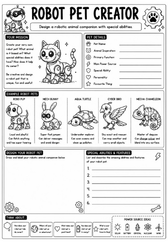 Creative Art Cover Worksheet – Robot Pet Creator | KS3 Art Cover Lesson | Drawing Activity | Emergen