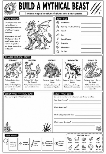 Creative Art Cover Worksheet – Build a Mythical Beast | KS3 Art Cover Lesson | Drawing Activity | Em