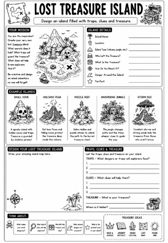 Creative Art Cover Worksheet – Lost Treasure Island | KS3 Art Cover Lesson | Drawing Activity | Emer