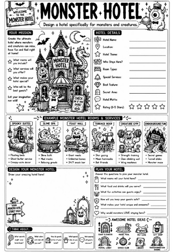 Creative Art Cover Worksheet – Monster Hotel | KS3 Art Cover Lesson | Drawing Activity | Emergency C