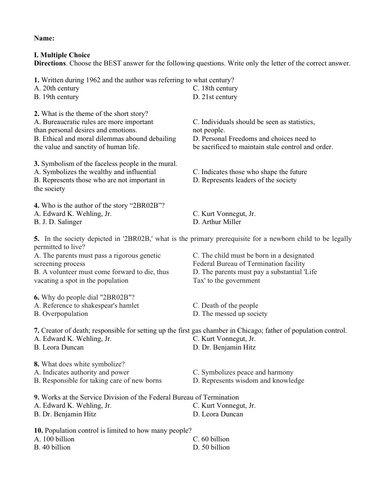 2BRO2B by Kurt Vonnegut (Test Questions and Answer Key)
