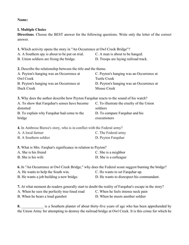 An Occurrence at Owl Creek Bridge by Ambrose Bierce (Test Questions w/ Answers)