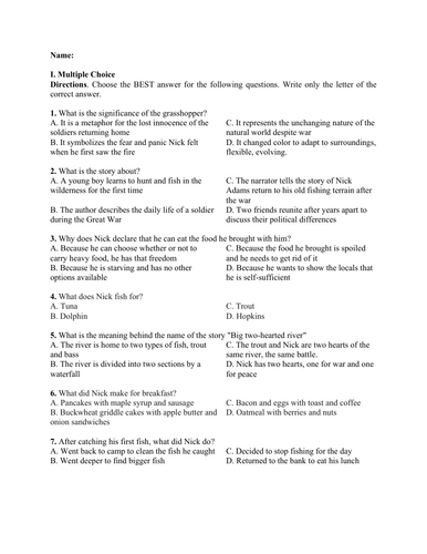 Big Two-Hearted River by Ernest Hemingway (Test Questions and Answer Key)