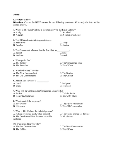 In the Penal Colony by Franz Kafka (Test Questions and Answer Key)