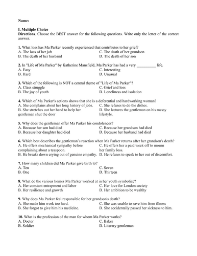 Life of Ma Parker by Katherine Mansfield (Test Questions and Answer Key)