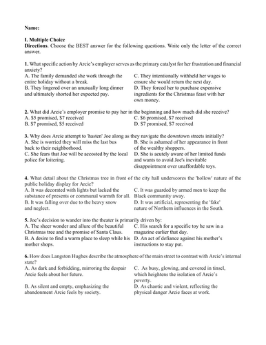 One Christmas Eve by Langston Hughes (Test Questions and Answer Key)