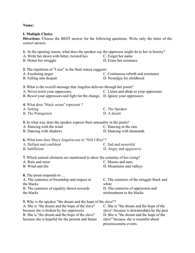 Still I Rise by Maya Angelou (Test Questions and Answer Key)