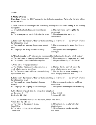 The Last Night of the World by Ray Bradbury (Test Questions and Answer Key)