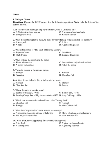 The Luck of Roaring Camp by Bret Harte (Test Questions and Answer Key)