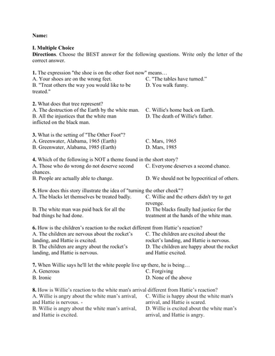 The Other Foot by Ray Bradbury (Test Questions and Answer Key)