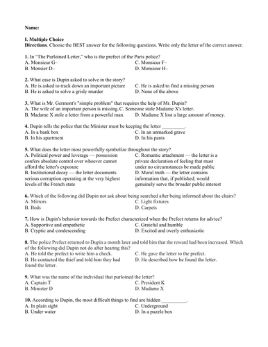 The Purloined Letter by Edgar Allan Poe (Test Questions and Answer Key)