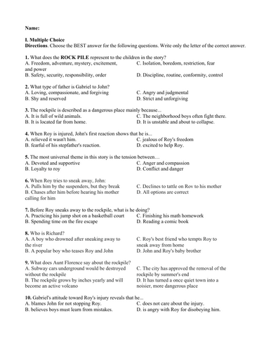 The Rockpile by James Baldwin (Test Questions and Answer Key)