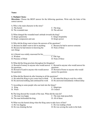 Three Questions by Leo Tolstoy (Test Questions and Answer Key)