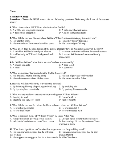 William Wilson by Edgar Allan Poe (Test Questions and Answer Key)