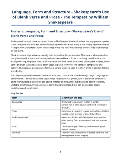 The Tempest - William Shakespeare – Shakespeare’s Use of Blank Verse and Prose
