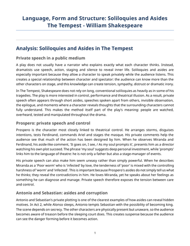 The Tempest - William Shakespeare – Soliloquies and Asides