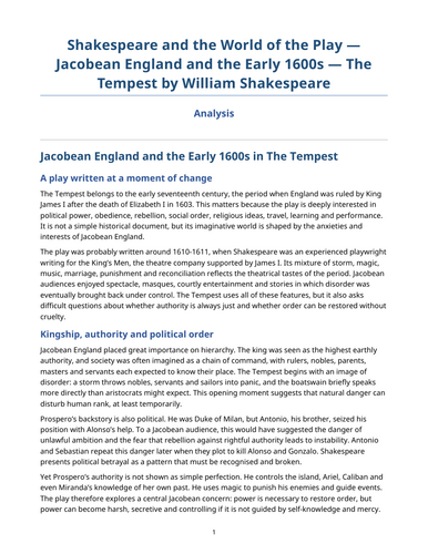 The Tempest - William Shakespeare – Jacobean England and the Early 1600s