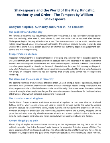 The Tempest - William Shakespeare – Kingship, Authority and Order