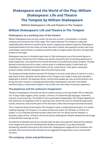 The Tempest - William Shakespeare – William Shakespeare: Life and Theatre