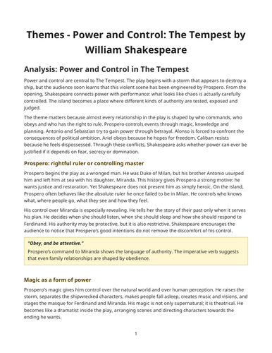 The Tempest - William Shakespeare – Power and Control