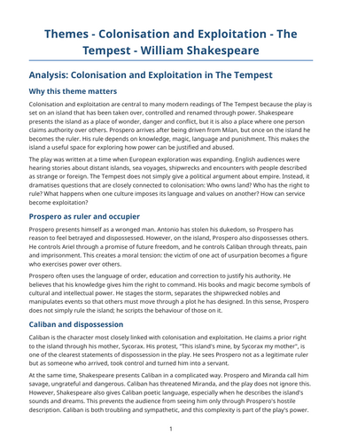 The Tempest - William Shakespeare – Colonisation and Exploitation