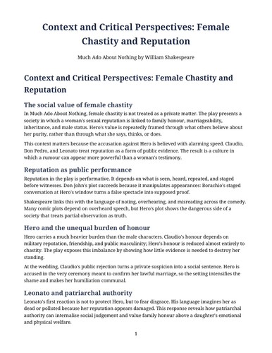 Much Ado About Nothing - William Shakespeare – Female Chastity and Reputation