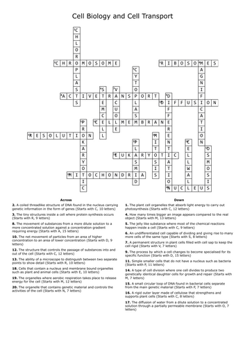 Revision Crossword AQA GCSE Physics Cell Biology and Cell Transport