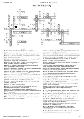 Revision Crossword AQA GCSE Physics Electricity topic