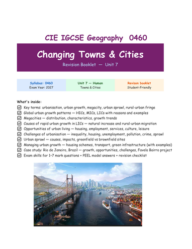 CIE New Spec IGCSE Geography Changing Towns and Cities Revision Booklets