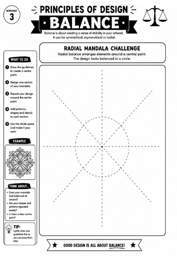 Principles of Design Worksheet 3 – Balance: Radial Mandala Challenge