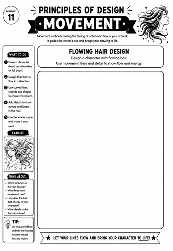 Principles of Design Worksheet 11 – Movement: Flowing Hair Design
