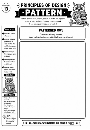 Principles of Design Worksheet 13 – Pattern: Patterned Owl