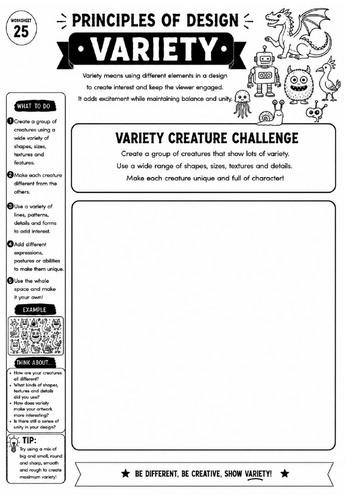 Principles of Design Worksheet 25 – Variety: Variety Creature Challenge