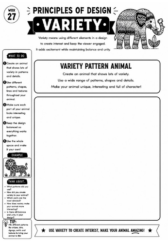Principles of Design Worksheet 27 – Variety: Variety Pattern Animal