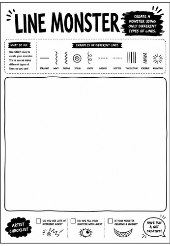 Elements of Art: Line Monster Worksheet | KS3 Art Cover Lesson | Drawing Lines Activity