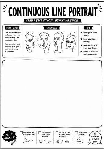 Elements of Art: Continuous Line Portrait Worksheet | KS3 Art Cover Lesson | Line Drawing Activity