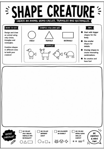 Elements of Art: Shape Creature Worksheet | KS3 Art Cover Lesson | Shape Drawing Activity