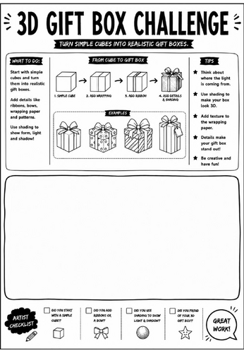 Elements of Art: 3D Gift Box Challenge Worksheet | KS3 Art Cover Lesson | Form & Shading Activity