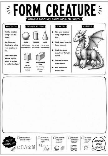 Elements of Art: Form Creature Worksheet | KS3 Art Cover Lesson | Form & Shading Activity