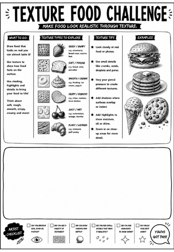Elements of Art: Texture Food Challenge Worksheet | KS3 Art Cover Lesson | Texture Drawing Activity