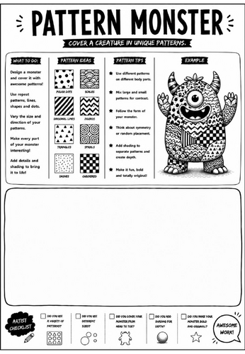Elements of Art: Pattern Monster Worksheet | KS3 Art Cover Lesson | Pattern Drawing Activity