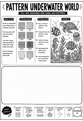Elements of Art: Pattern Underwater World Worksheet | KS3 Art Cover Lesson | Pattern Drawing Activit
