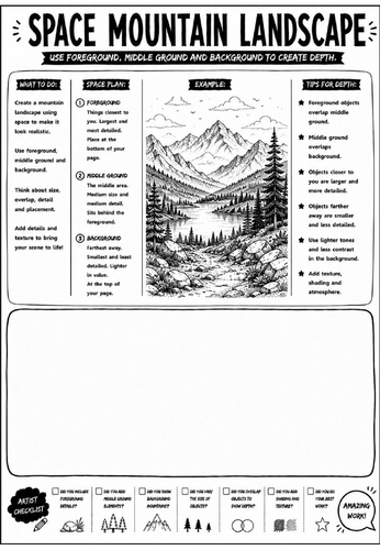 Elements of Art: Space Mountain Landscape Worksheet | KS3 Art Cover Lesson | Space & Depth Drawing A