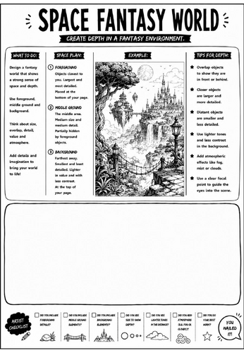 Elements of Art: Space Fantasy World Worksheet | KS3 Art Cover Lesson | Space & Depth Drawing Activi