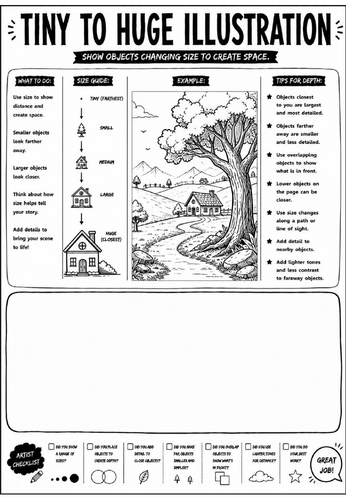 Elements of Art: Tiny to Huge Illustration Worksheet | KS3 Art Cover Lesson | Space & Depth Drawing