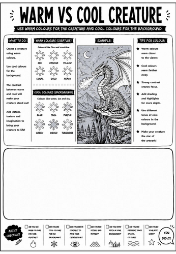 Elements of Art: Warm vs Cool Creature Worksheet | KS3 Art Cover Lesson | Colour Theory Activity