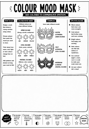 Elements of Art: Colour Mood Mask Worksheet | KS3 Art Cover Lesson | Colour Theory Activity